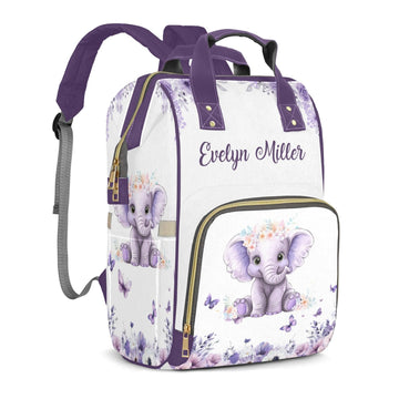 Perarts Personalized Diaper Bag for Girls Baby, Large Capacity Custom Purple Elephant Diaper Bag with Name, Waterproof Girls Bab