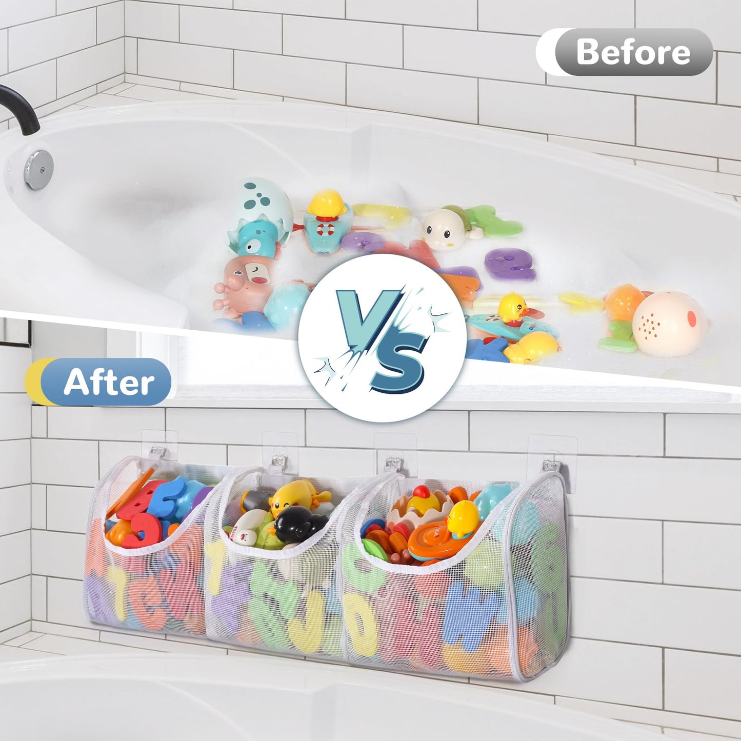 DOCMON Bath Toy Storage, Large Capacity 3 Compartments Bathtub Toy Storage, Opening Bath Tub Toy Holder Organizer, Mesh Shower C