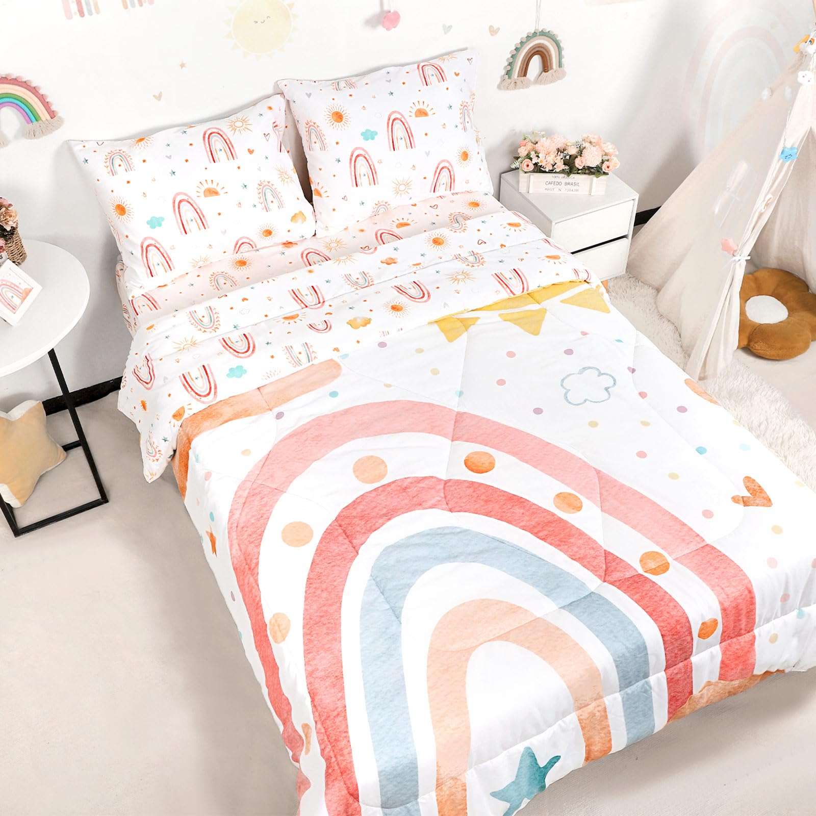 Caruili Twin Size Toddler Bedding Set For Girls- 5 Piece Rainbow Toddler Girl Bedding, Super Soft & Lightweight Toddler Comforte