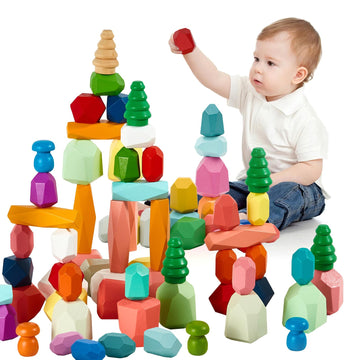 MEGRANATE 58PCS Montessori Wooden Stacking Rocks Toys Colorful Stacking Stones Building Blocks Games Sensory Toy for Toddlers Ed