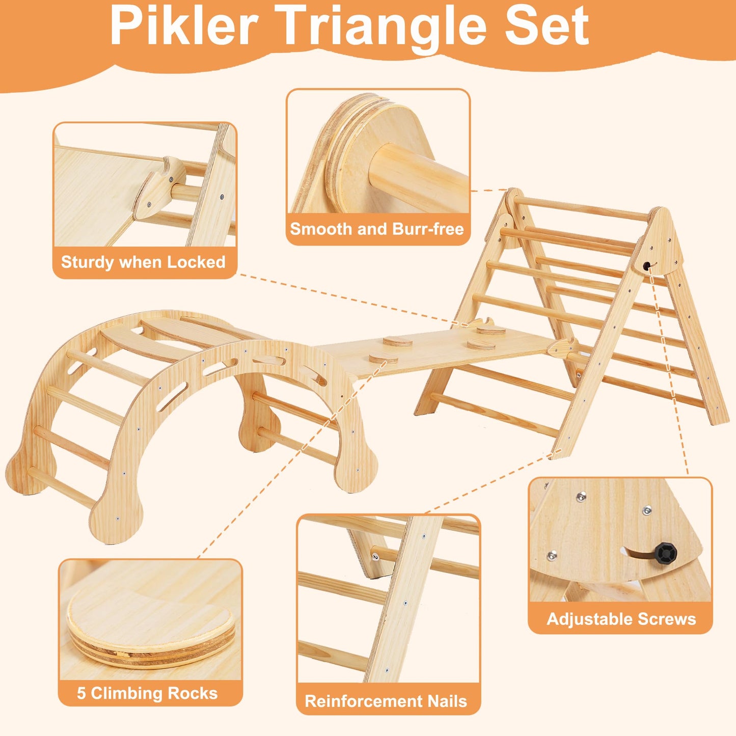 Shwwque Pikler Triangle Set Montessori Climbing Toys For Toddlers Pikler-3 Piece Indoor Playground 3 In 1 Foldable Baby Climbing