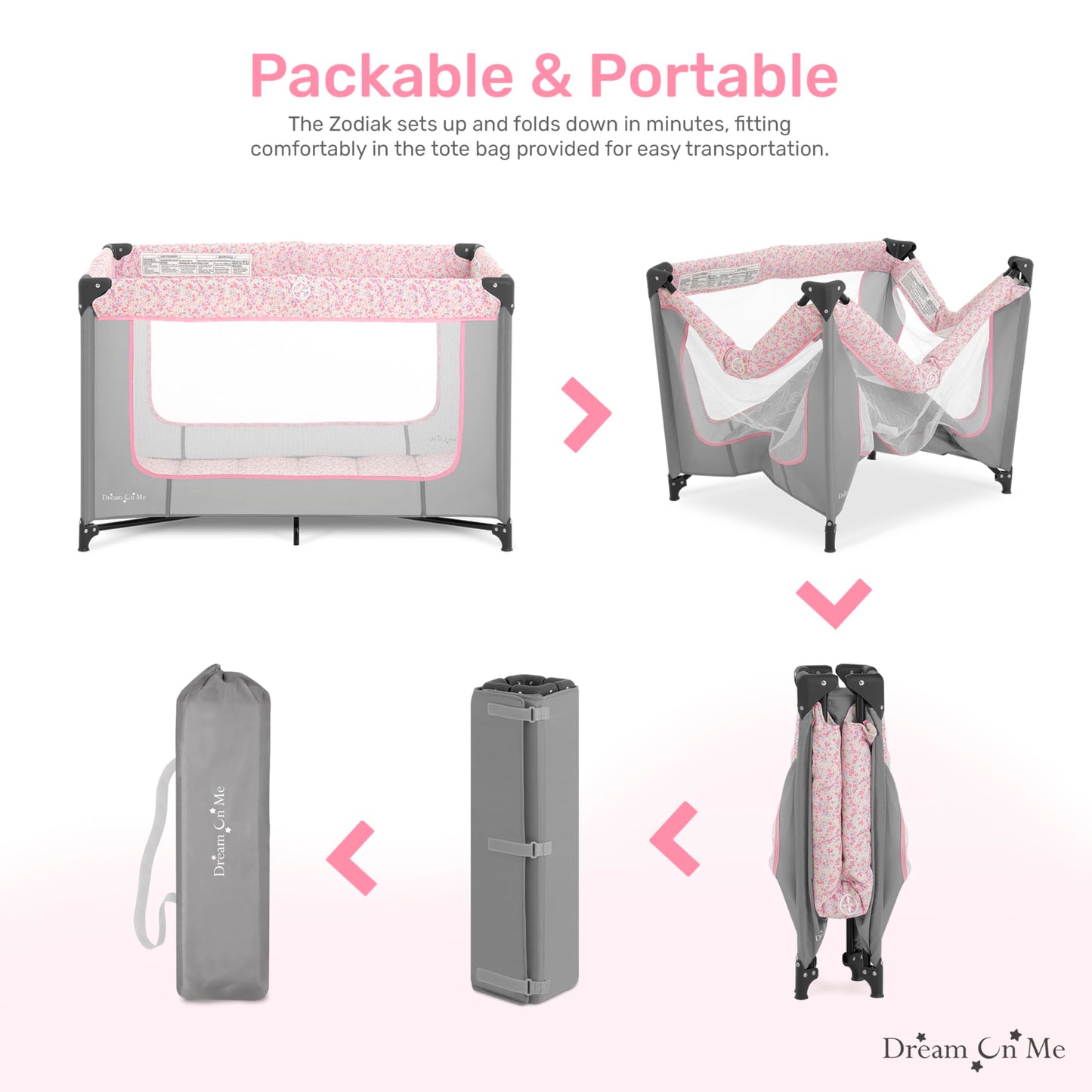 Dream On Me Zodiak Portable Playard In Grey And Pink, Lightweight, Packable And Easy Setup Baby Playard, Breathable Mesh Sides A