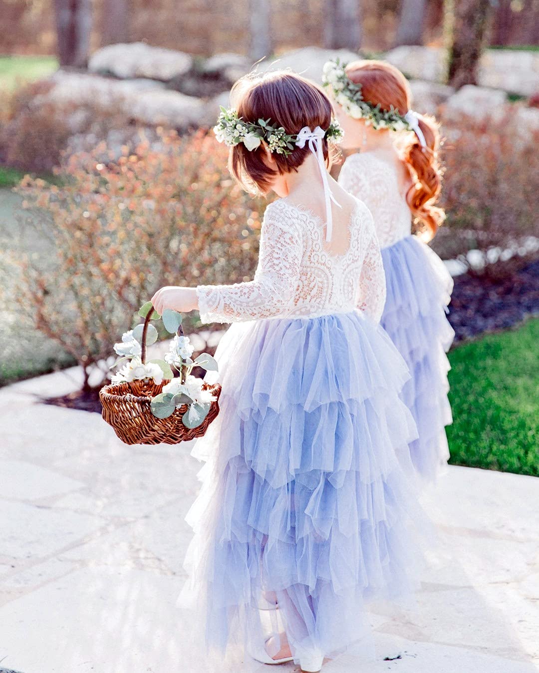 2Bunnies Girl Peony Lace Back A-Line Tiered Tutu Tulle Flower Girl Dress (Gray Long Sleeve Maxi, 9-10Yrs)