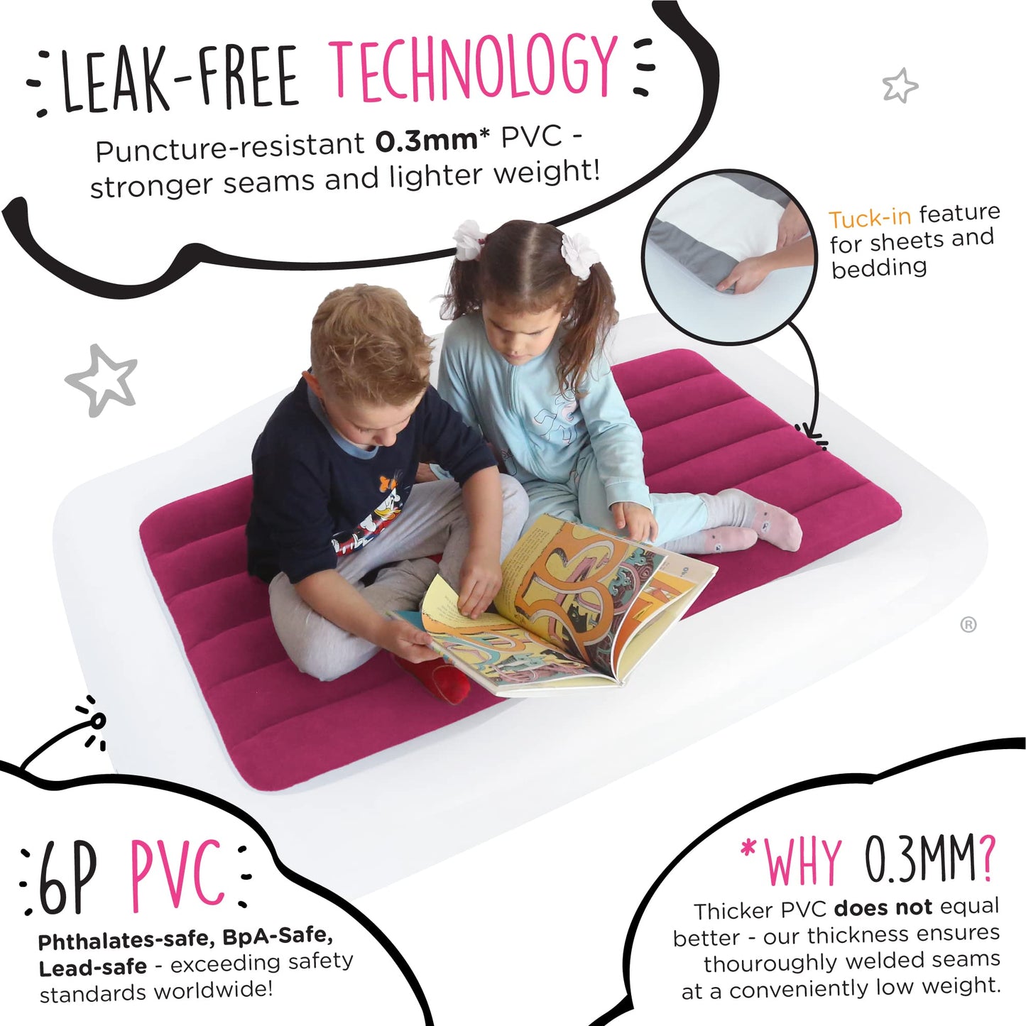 The Shrunks Pink Toddler Travel Bed | Inflatable Kids Air Mattress with Safety Bumpers & Electric Pump | Portable Blow-Up Bed fo