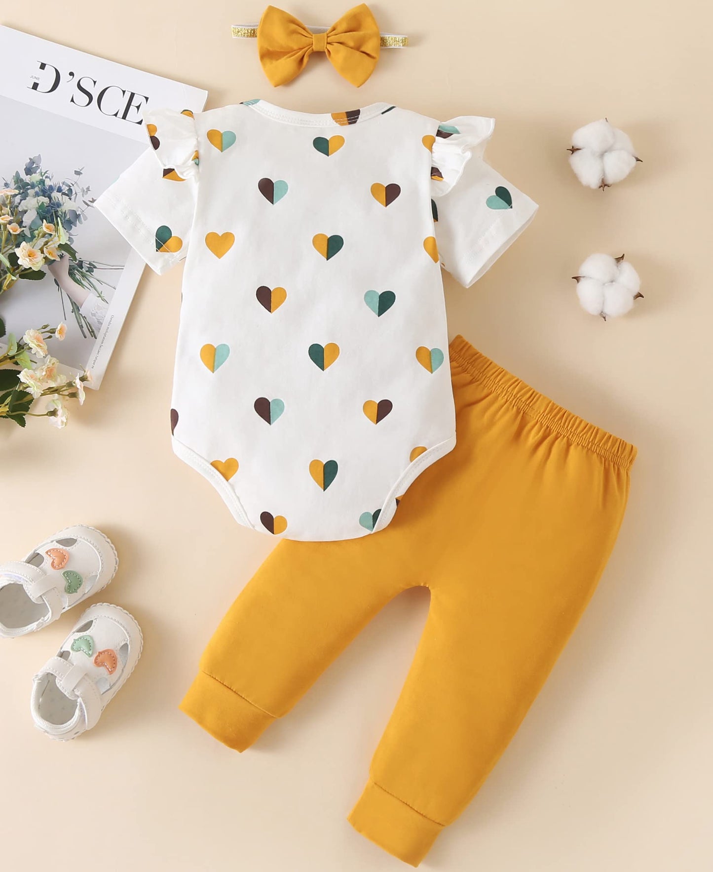 Fullfamous Baby Girl Clothes Gifts Outfits,Spring Summer Short Sleeve Romper And Pant Set Yellow Heart 6-12 Months