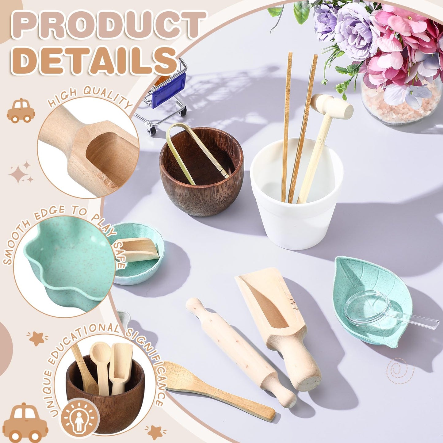 Tiangrid 14pcs Sensory Bin Tool Sensory Tools for Boys and Girls Fine Motor Skill Toys Wooden Tong Spoons Bowls Plate Hammer Mag