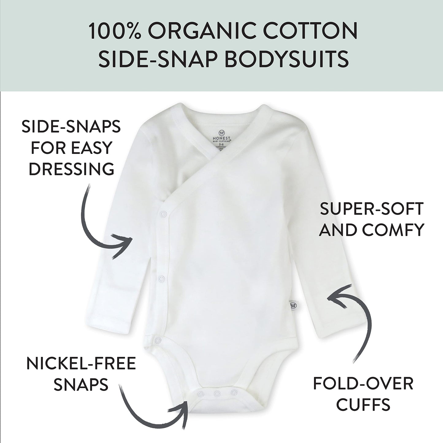 Honestbaby 3-Pack Organic Cotton Long Sleeve Side-Snap Kimono Bodysuits, Honestly Pure White, 3 Months