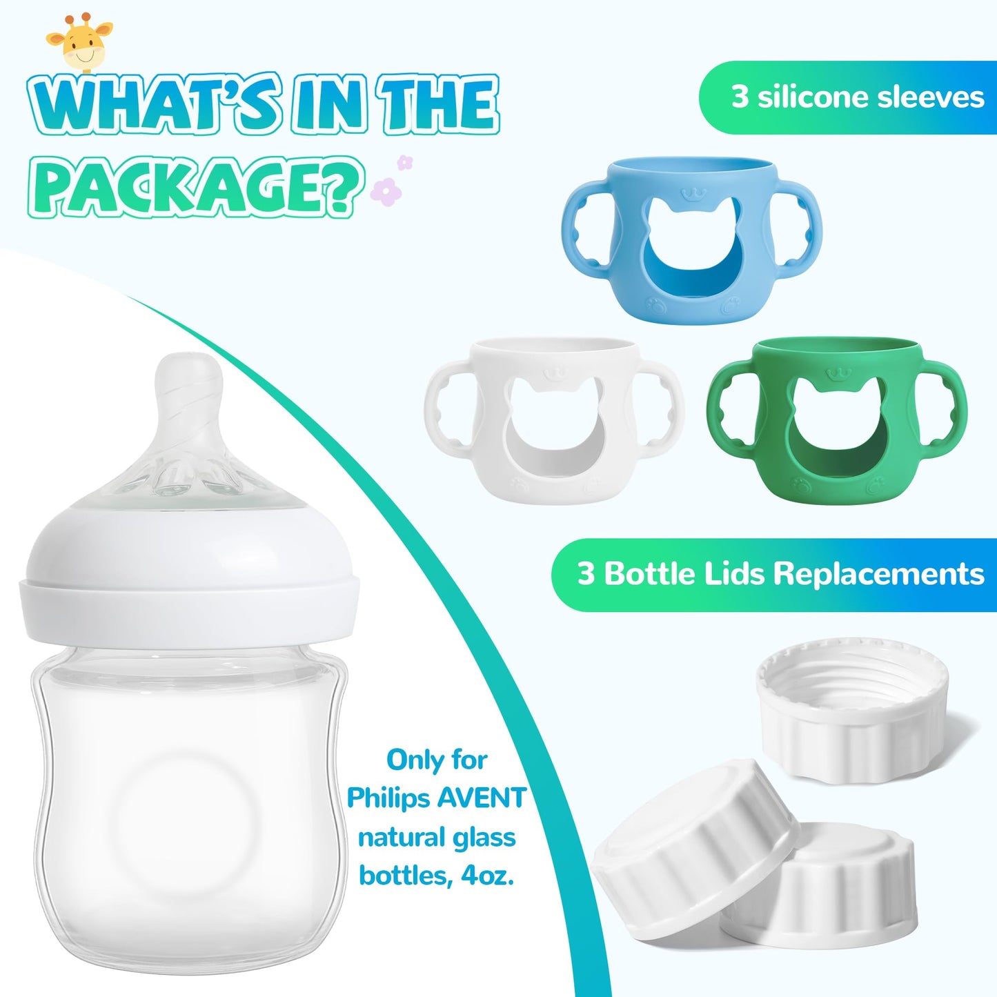 3 Pack Silicone Sleeves For Philips Avent Natural Glass Bottle, Food Grade Anti Breakage Baby Bottle Holder With Handles And 3Pc