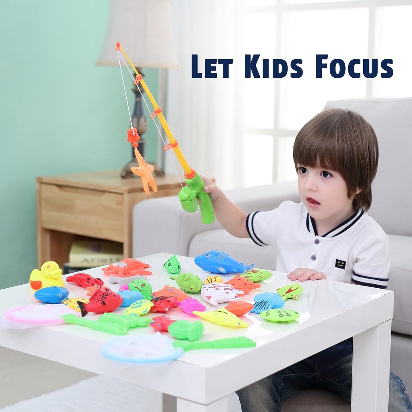 CozyBomB Kids Pool Fishing Toys Games | Summer Magnetic Floating Toy Magnet Pole Rod Fish Net Water Table Bathtub Bath Game, Lea