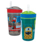 Nuby All in One Snack Bowl and No Spill Soft Straw Cup - 2 Pack Aqua Monsters & Grey Cars - Snack N Sip, Holds: 4.5 oz Containe