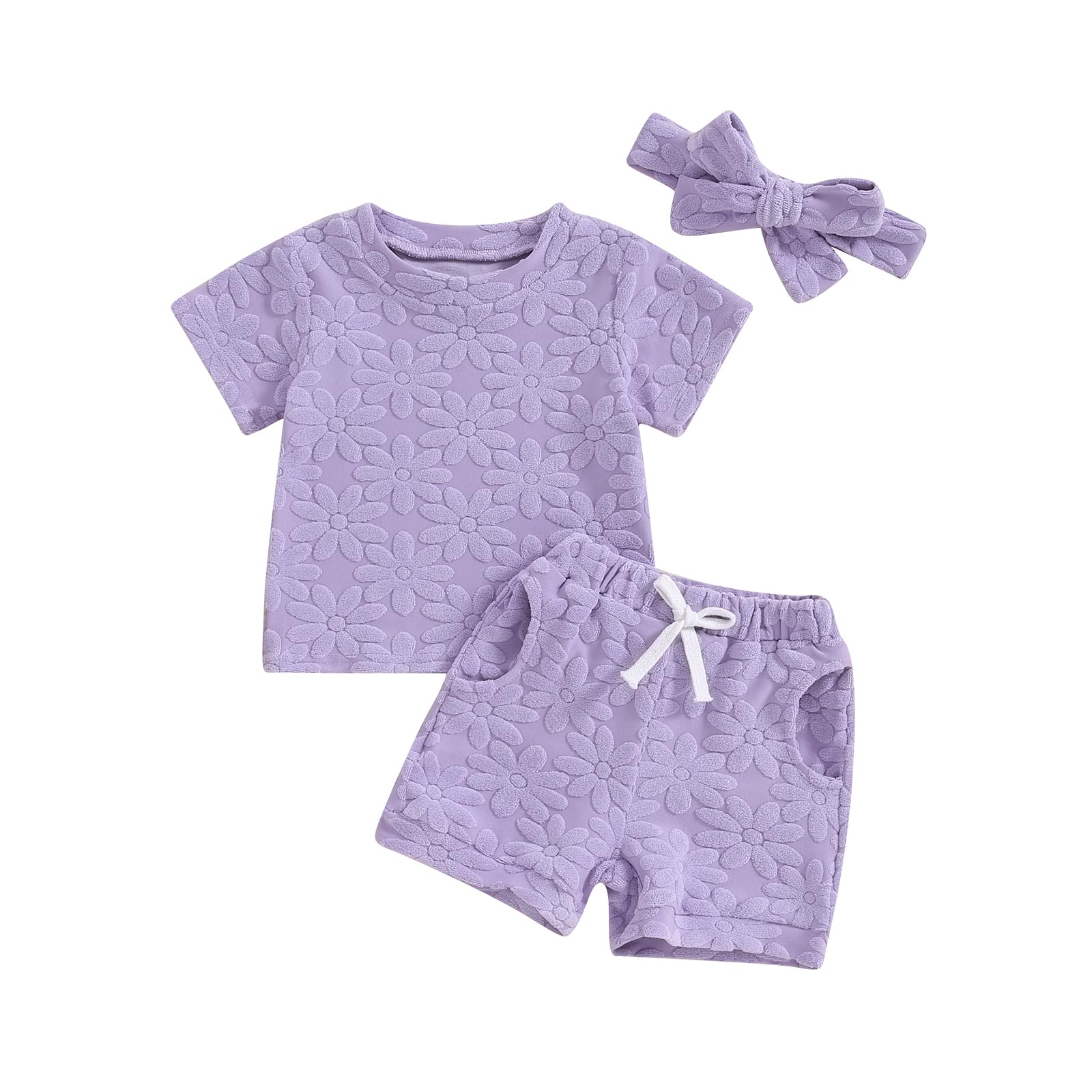 Toddler Baby Girls Daisy Chenille Patch Outfit Short Sleeve T-Shirt Shorts Headband 3Pcs Summer Clothes Set (Purple, 18-24 Month
