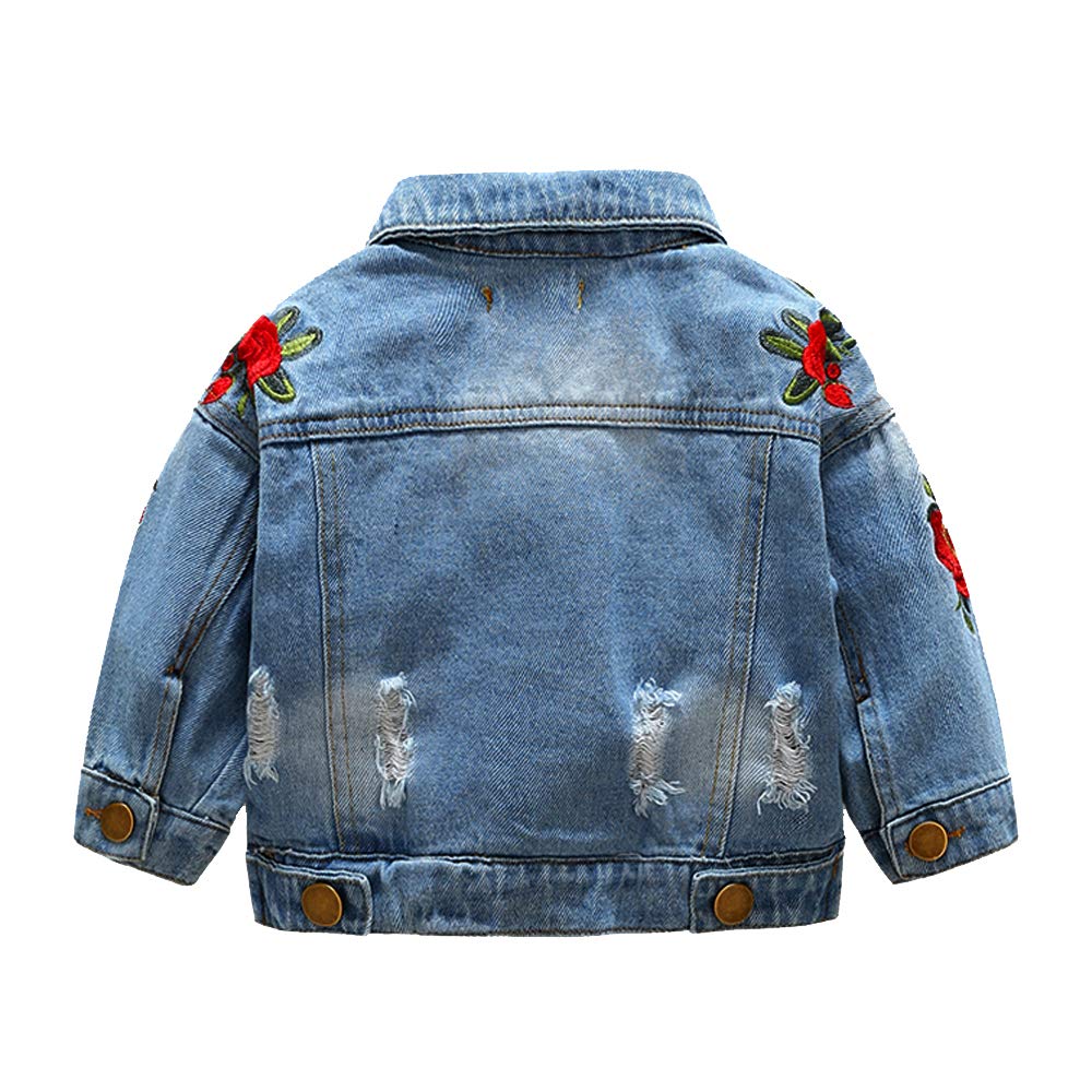 Top And Top Baby Girls Denim Jacket Rose Flower Embroidery Toddler Ripped Denim Coat For Kids (100/18-24 Months), Blue