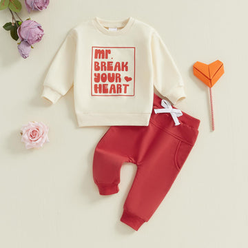 Baby Boy Fall Clothes Set Long Sleeve Letter Print Sweatshirt Pants Valentines Day Outfits 6 12 18 24 Months 2T (Khaki, 12-18 Mo