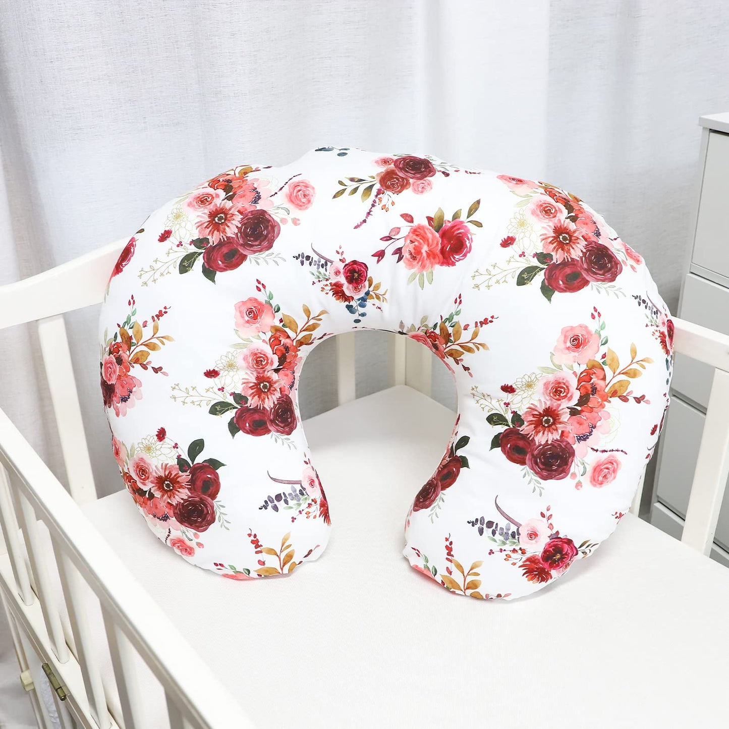 Floral Nursing Pillow Cover For Baby Girl, Soft Organic Breastfeeding Pillow Slipcover, Newborn Feeding Pillow Cover, Burgundy W
