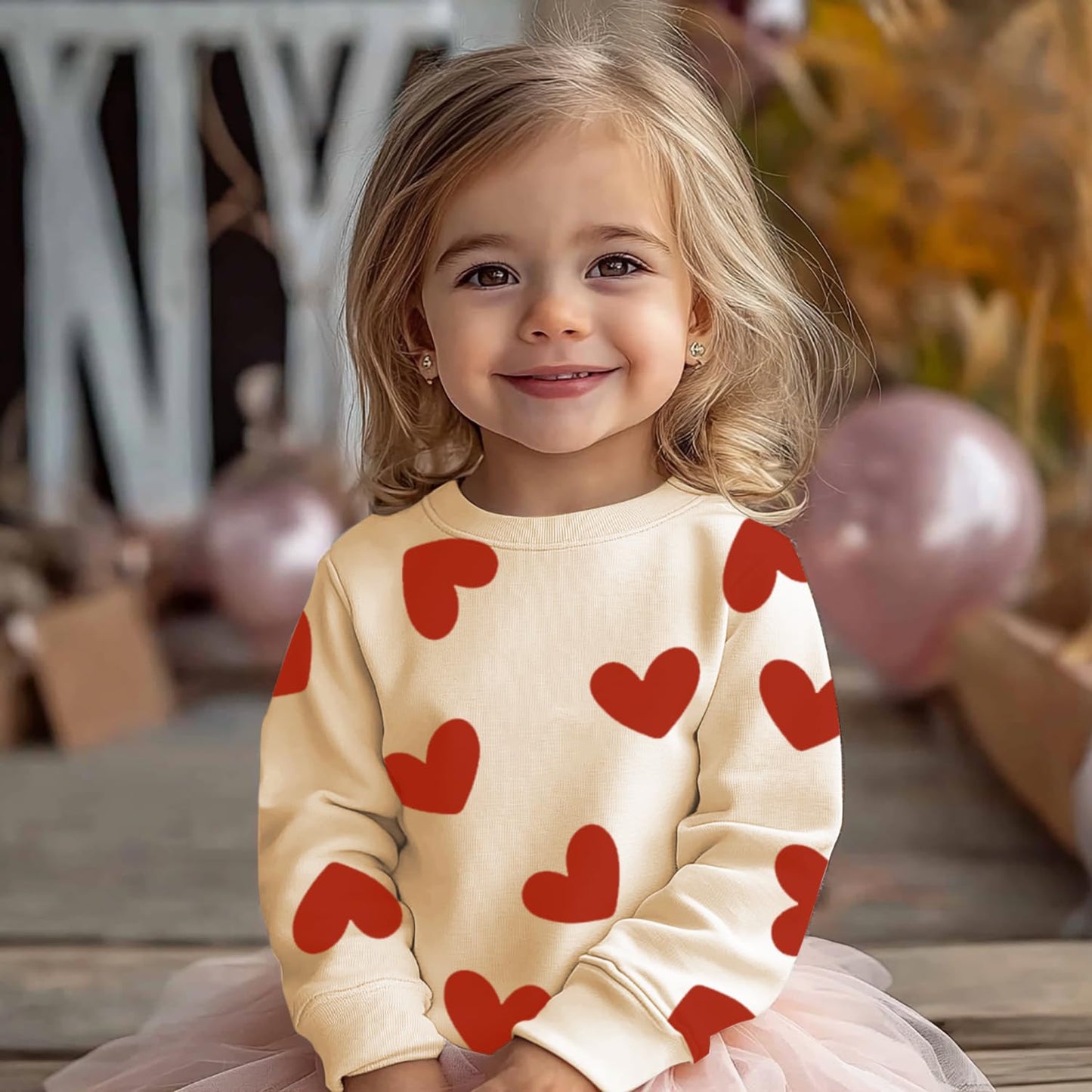 Mrocioa Valentines Day Shirt For Girls Lovely Heart Prints Sweatshirt Cotton Toddler Little Kids Vday Heart Tops Beige, 4T