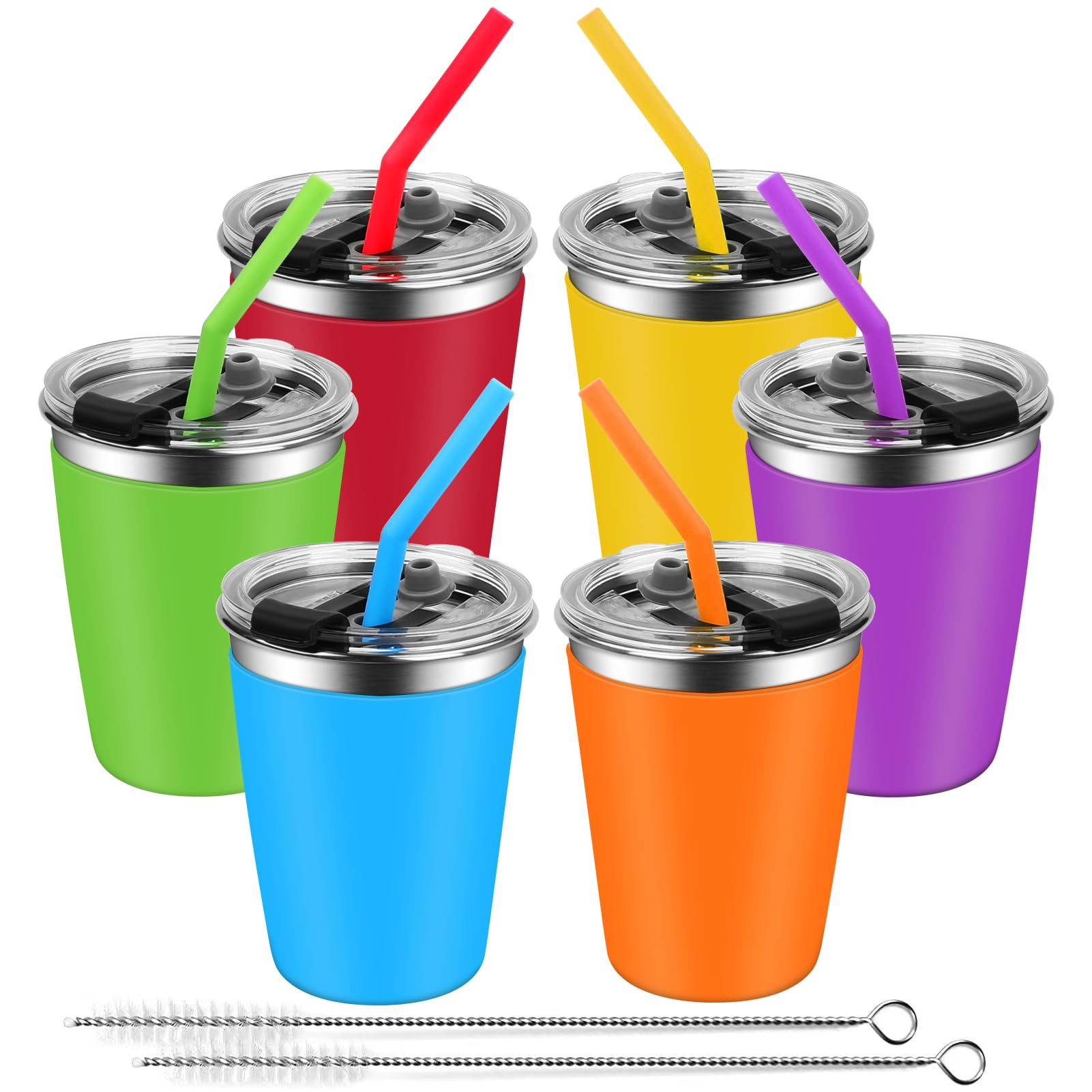 Ewsnmata Kids Cups With Lids Spill Proof, Stainless Steel Sippy Cups With Sleeve, 12Oz Toddlers Straw Tumbler For School, 6 Pack