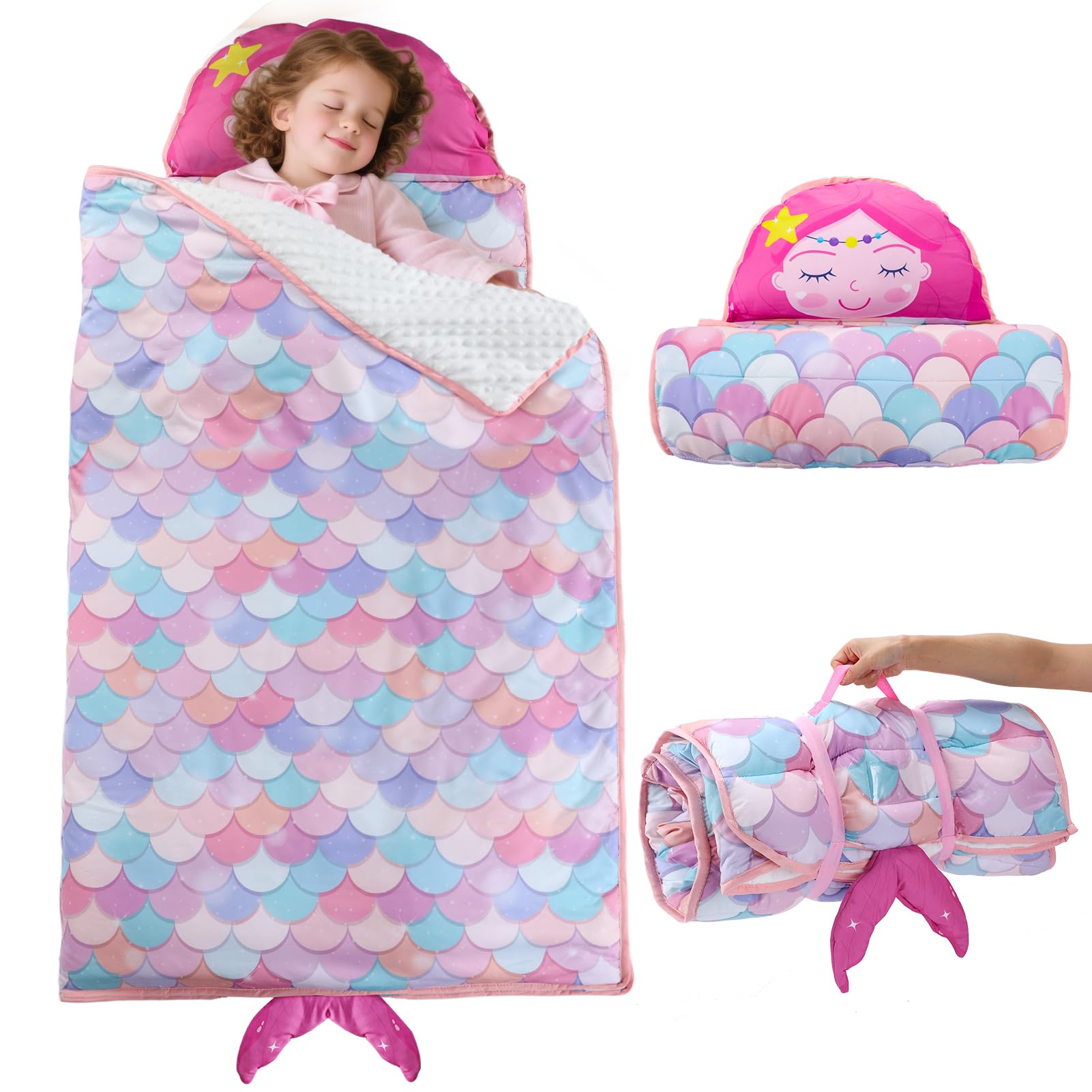 Thick Mermaid Toddler Nap Mat with Pillow for Girls - Lightweight & Portable Toddler Sleeping Bag for Kids Aged 1~5 Daycare Pres