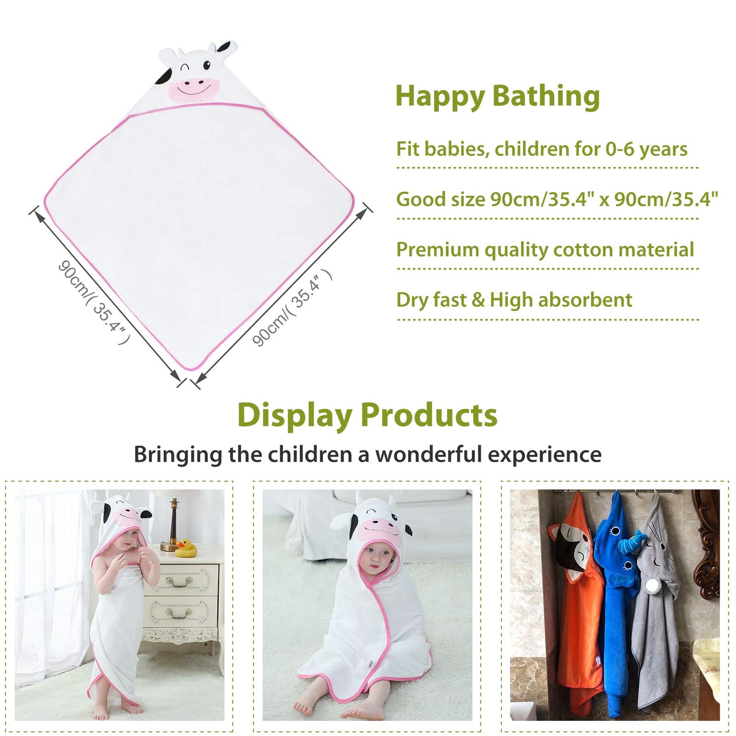Michley Unisex Baby Animal Hooded Bath Towel Soft Cotton Beach Swimming Bathrobe For 0-6T, Cow
