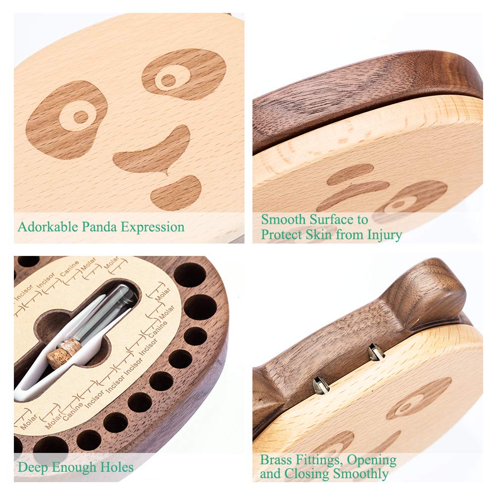 Ahfulife Baby Tooth Keepsake Fairy Box Holder With Lanugo Bottle, Wooden Panda Shape Keepsake Box For First Lost Teeth, Cute Too