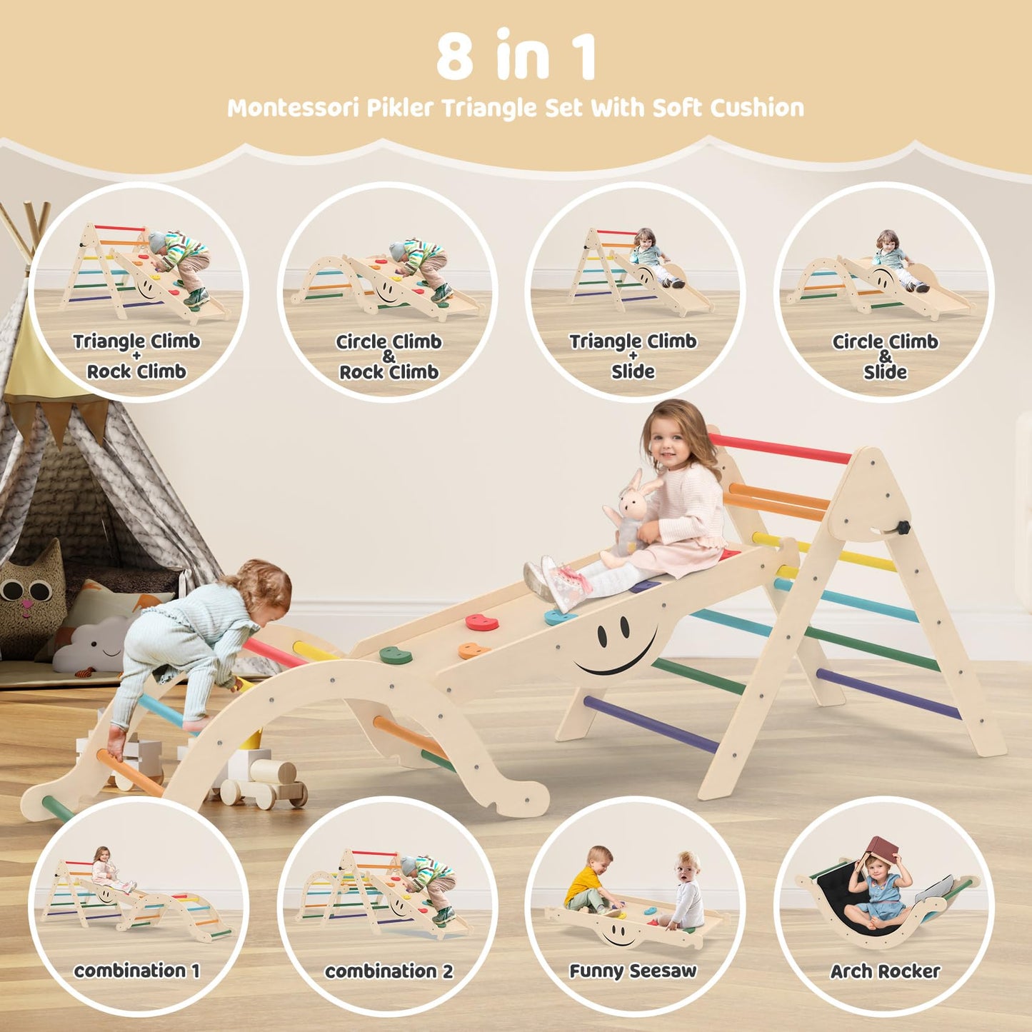 Bierum 8 In 1 Montessori Pikler Triangle Set With Soft Cushion, Foldable Toddler Climbing Toys With Ramp For Sliding Or Climbing