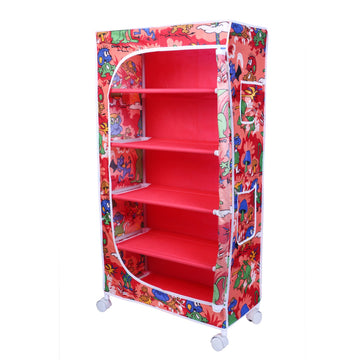 Little One S | 5 Shelves Baby Foldable Wardrobe | Jungle Red (Made In India) - Fabric