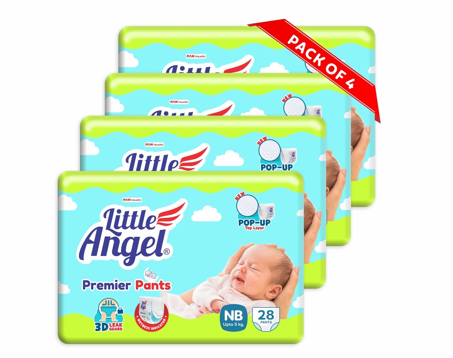 Little Angel Premier Pants Baby Diapers, New Born (Nb) Size, 112 Count, Wetness Indicator, Up To 5 Kg (28 Count, Pack Of 4)