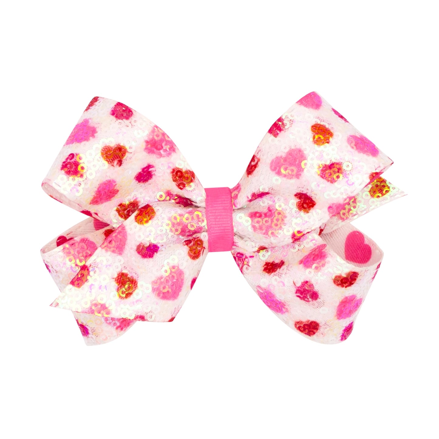 Wee Ones Girls' Valentines Day Hair Bow On Weestay No-Slip Clip, White Sequin With Red And Pink Heart Print, Medium