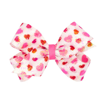 Wee Ones Girls' Valentines Day Hair Bow On Weestay No-Slip Clip, White Sequin With Red And Pink Heart Print, Medium