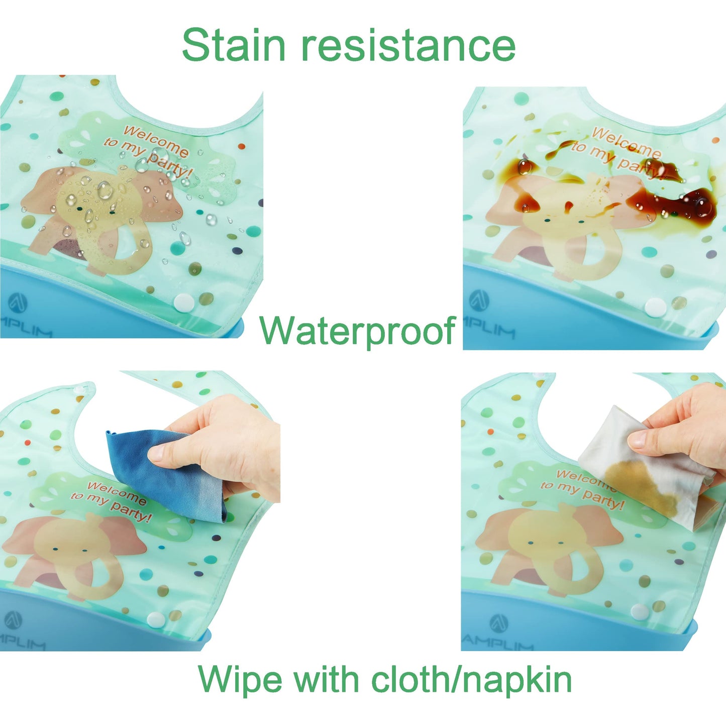 Amplim Baby Feeding Bib (3-Pack) Toddler/Baby Bibs For Eating. Waterproof, Adjustable, Lightweight. Eco-Friendly Peva Material.