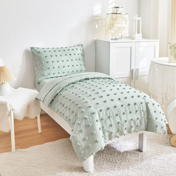 4 Piece Tufted Dots Toddler Bedding Set Solid Green Jacquard Pom Pom Tufts, Soft And Embroidery Shabby Chic Boho Design For Baby