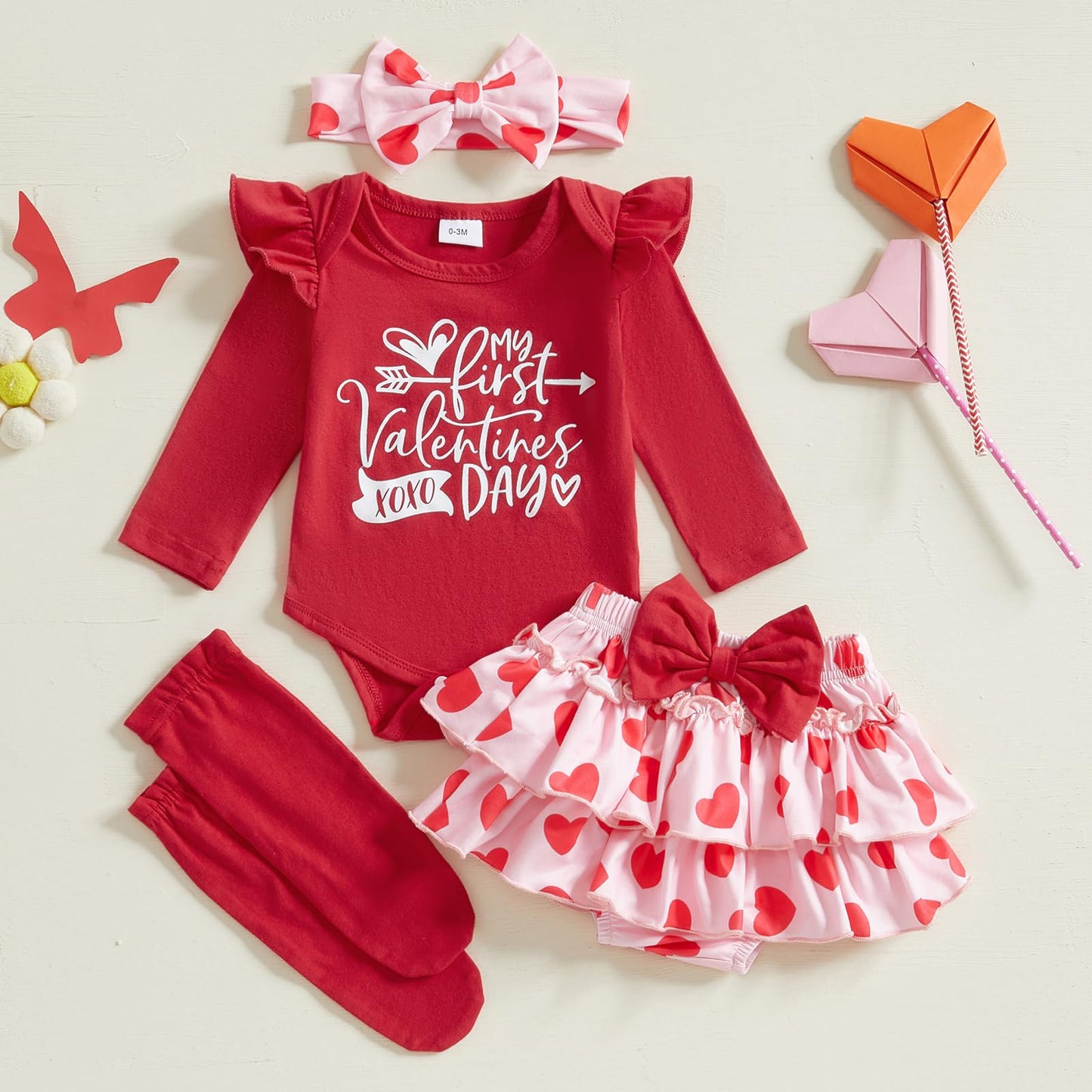 Fybitbo First Valentines Day Baby Girl Outfit Heart Letter Romper Ruffle Tutu Skirt Dress Newborn Infant Girl Clothes Set (Red-M