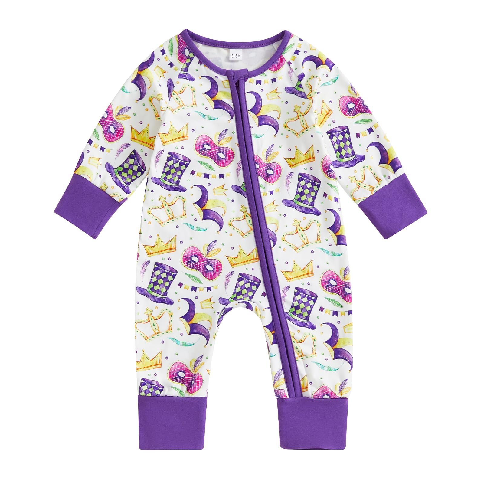 Lamuusaa Newborn Baby Girl Boy Mardi Gras Outfit Long Sleeve Mask Crown Romper Zipper Bodysuit One Piece Jumpsuit (White, 6-12 M