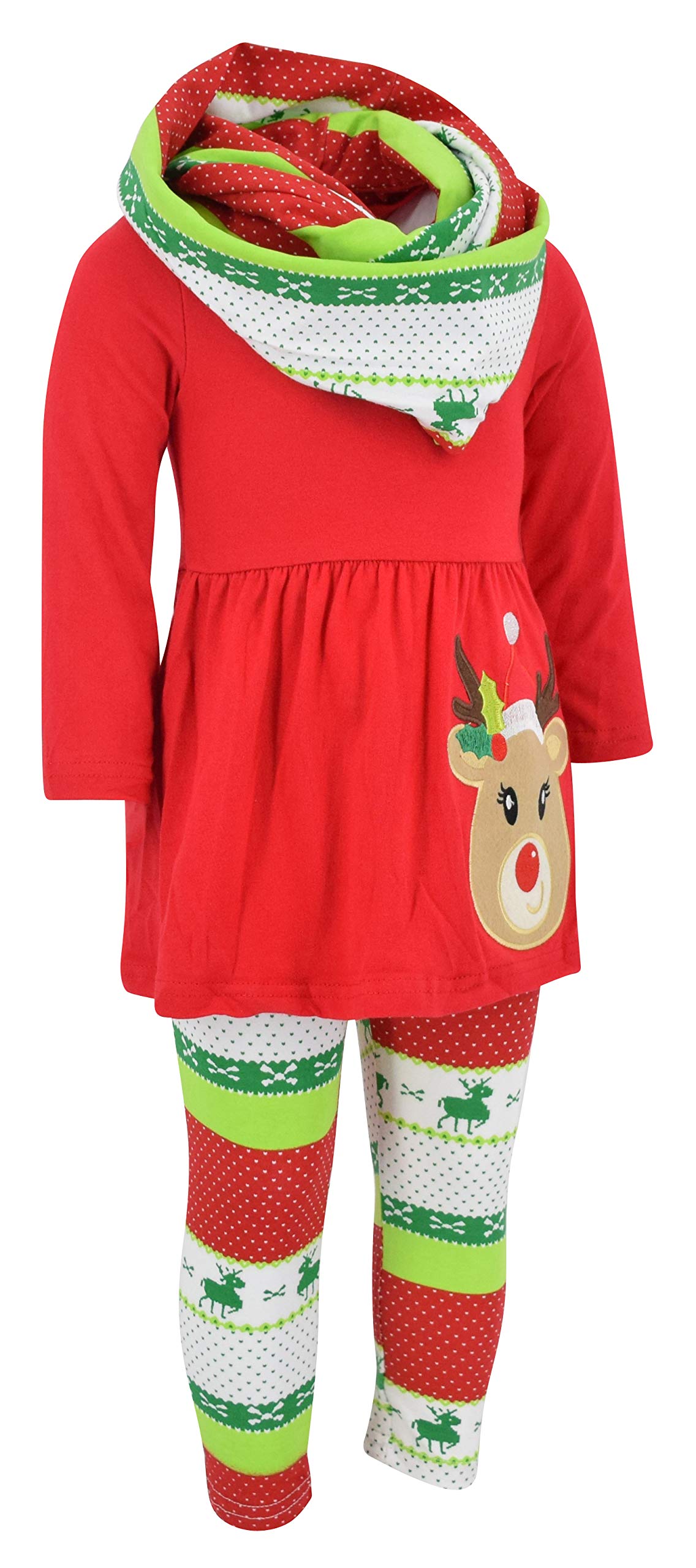 Unique Baby Girls 3 Piece Christmas Reindeer Legging Set Outfit (3 Years, Red)