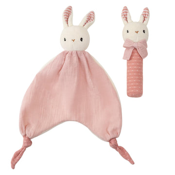 CUDDLE CORNER Organic Cotton Stuffed Animal Rattle Baby Toys, Hand Grip Rattle Squeaker Sticks Toys, Bunny Cuddle Cloth and Ring