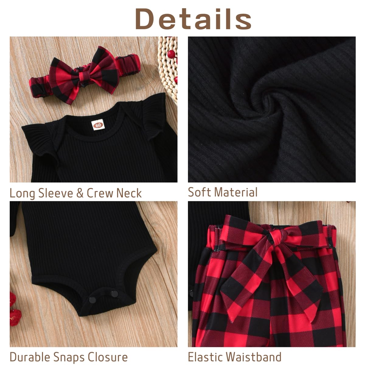 Aalizzwell Newborn Baby Girls Christmas Outfits Ribbed Bodysuit Romper Buffalo Plaid Pants Set Fall Winter Xmas Clothes Nb