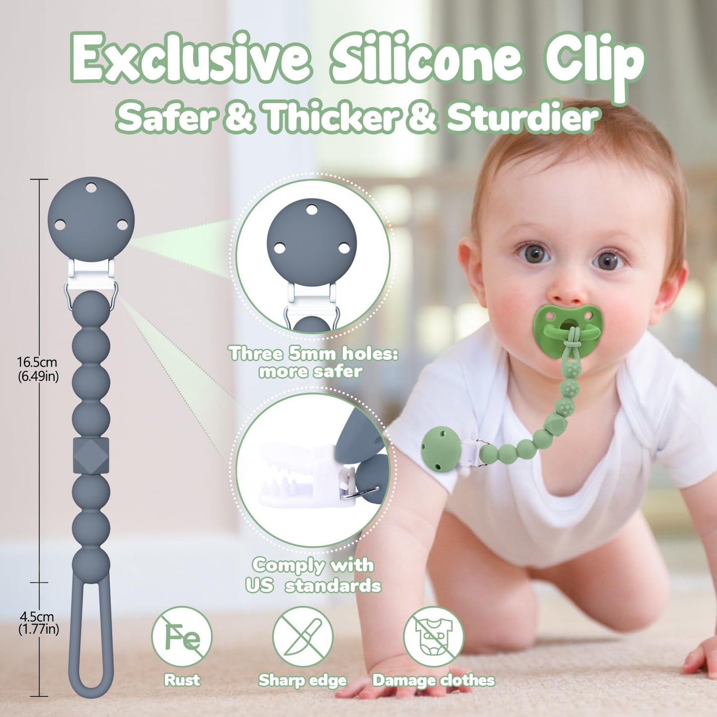 Tyry.Hu Silicone Pacifier Holder Clip With One Piece Beads For Boys And Girls, Soft Flexible Rust-Free Binky Clips With Texture,
