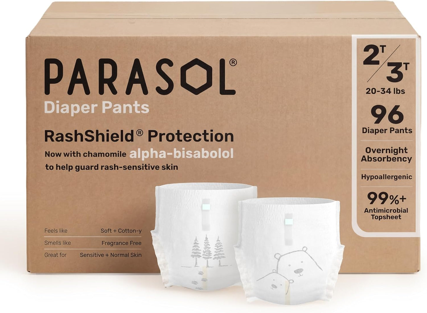 Parasol Clear+Dry Natural Disposable Diaper Pants, Size 4 (2T-3T), 96 Count | RashShield Protection and Active 360 Comfort Wrap, Hypoallergenic Training Diapers