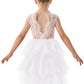 2Bunnies Girl Beaded Peony Lace Back A-Line Tiered Tutu Tulle Flower Girl Dress (White Short Sleeveless, 2T)