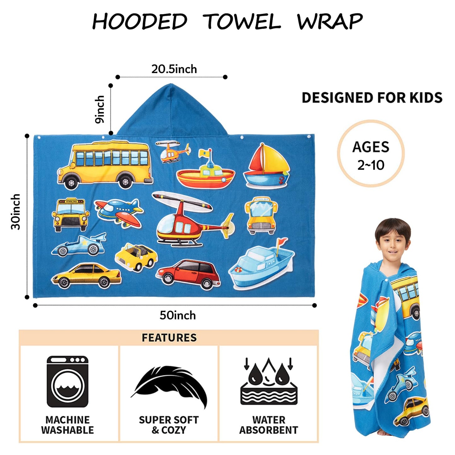 Gealaek Hooded Towel For Toddlers 2-10 Years Boys Girls Kids Bath Pool Beach Towel Wrap Soft Absorbent Beach Poncho(Cars)