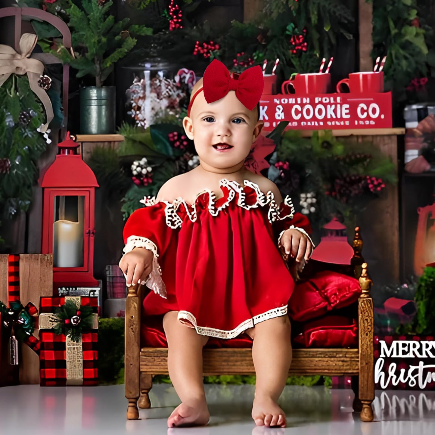 Yanjie Hairband For Baby Girls - Christmas Bows Elastic Nylon Headband With Bows - Hair Accessories Infant Toddler - 3 Pack - Re