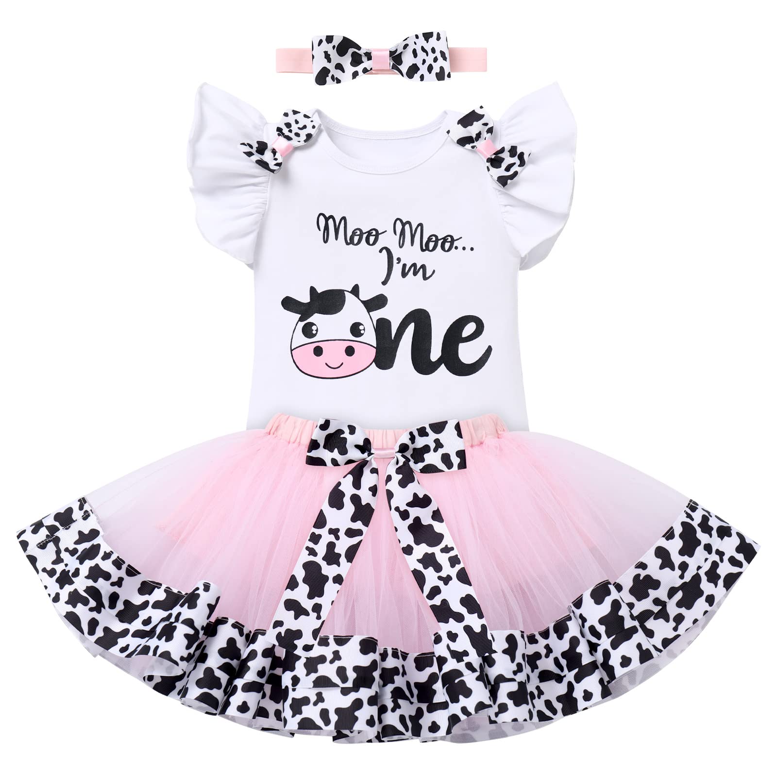 Baby Girls Cow 1St Birthday Outfit Farm Animals Fancy Dress Up Costume Flutter Sleeves Romper Tutu Skirt Headband Bowknot Tutu D