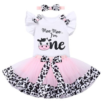 Baby Girls Cow 1St Birthday Outfit Farm Animals Fancy Dress Up Costume Flutter Sleeves Romper Tutu Skirt Headband Bowknot Tutu D