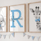 Personalized Safari Animals For Baby Boys Nursery Bedroom Unframed Set Of 3 Poster Prints, Personalized Name Blue Green Yellow B