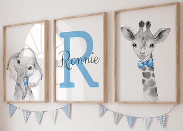 Personalized Safari Animals For Baby Boys Nursery Bedroom Unframed Set Of 3 Poster Prints, Personalized Name Blue Green Yellow B