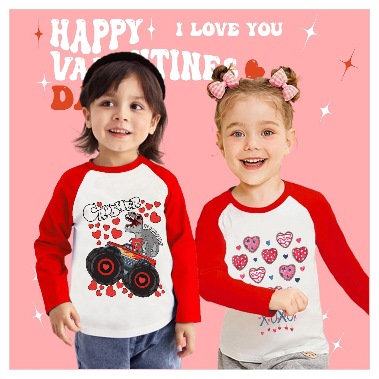 Tkria Kids Boy Valentine Day Shirt Dinosaur Monster Truck Long Sleeve Patchwork T-Shirt Holiday Kids Top Graphic T-Shirts 8T