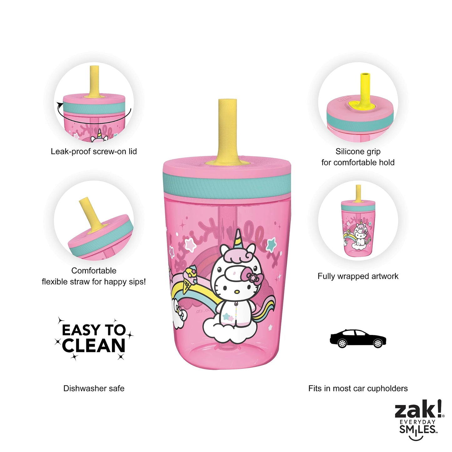 Zak Designs 15Oz Hello Kitty Kelso Tumbler Set, Bpa-Free Leak-Proof Screw-On Lid With Straw Made Of Durable Plastic And Silicone