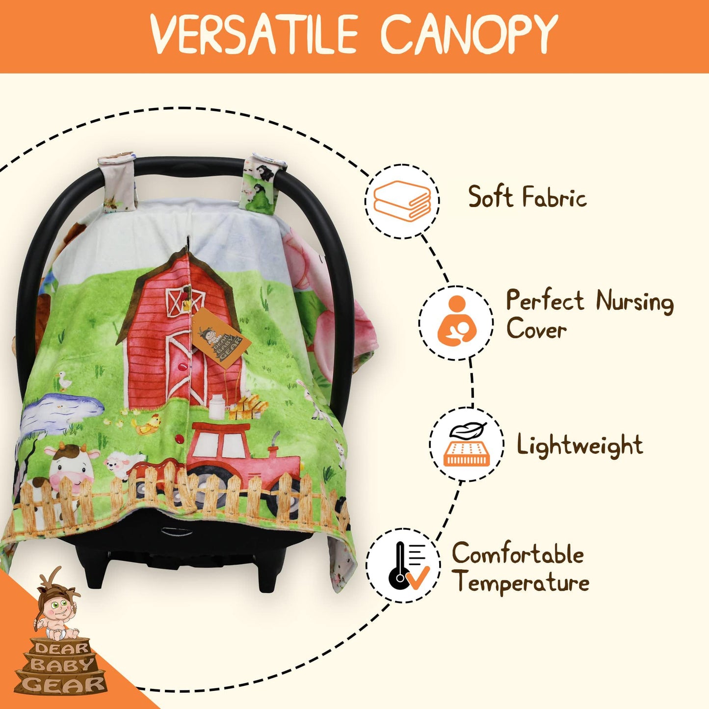 Dear Baby Gear Farm Life Baby Car Seat Canopy With Snap Button Peekaboo Barn Door Opening - Double Layered Lightweight Cover Kee