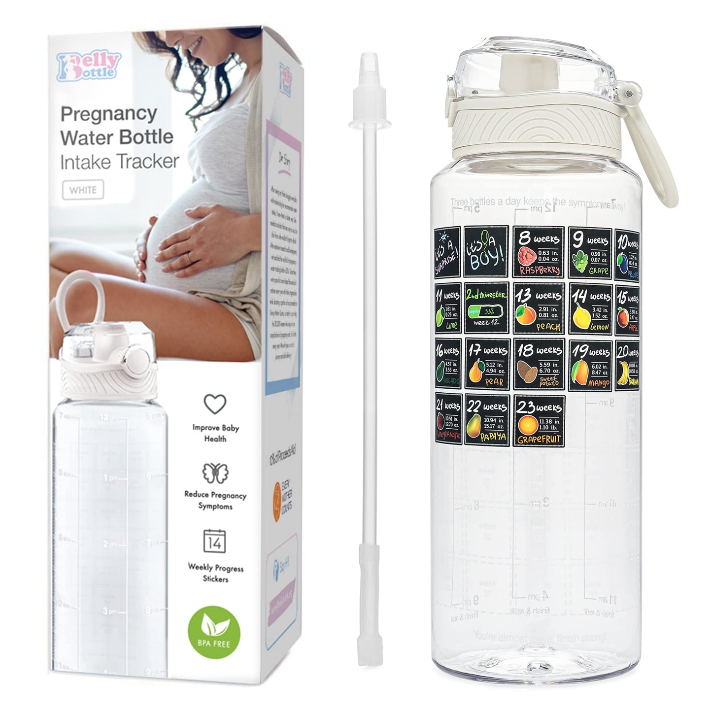 Bellybottle Pregnancy Water Bottle Tracker Must Haves For Expecting Moms Nausea Relief + Weekly Stickers + Straw + Bpa Free Whit