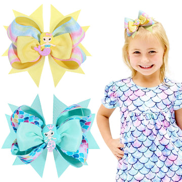 Oaoleer 2 Pcs 4.5 Inch Mermaid Hair Bows For Girls, Grosgrain Ribbon Hair Bow Alligator Clips, Boutique Hair Accessories For Gir