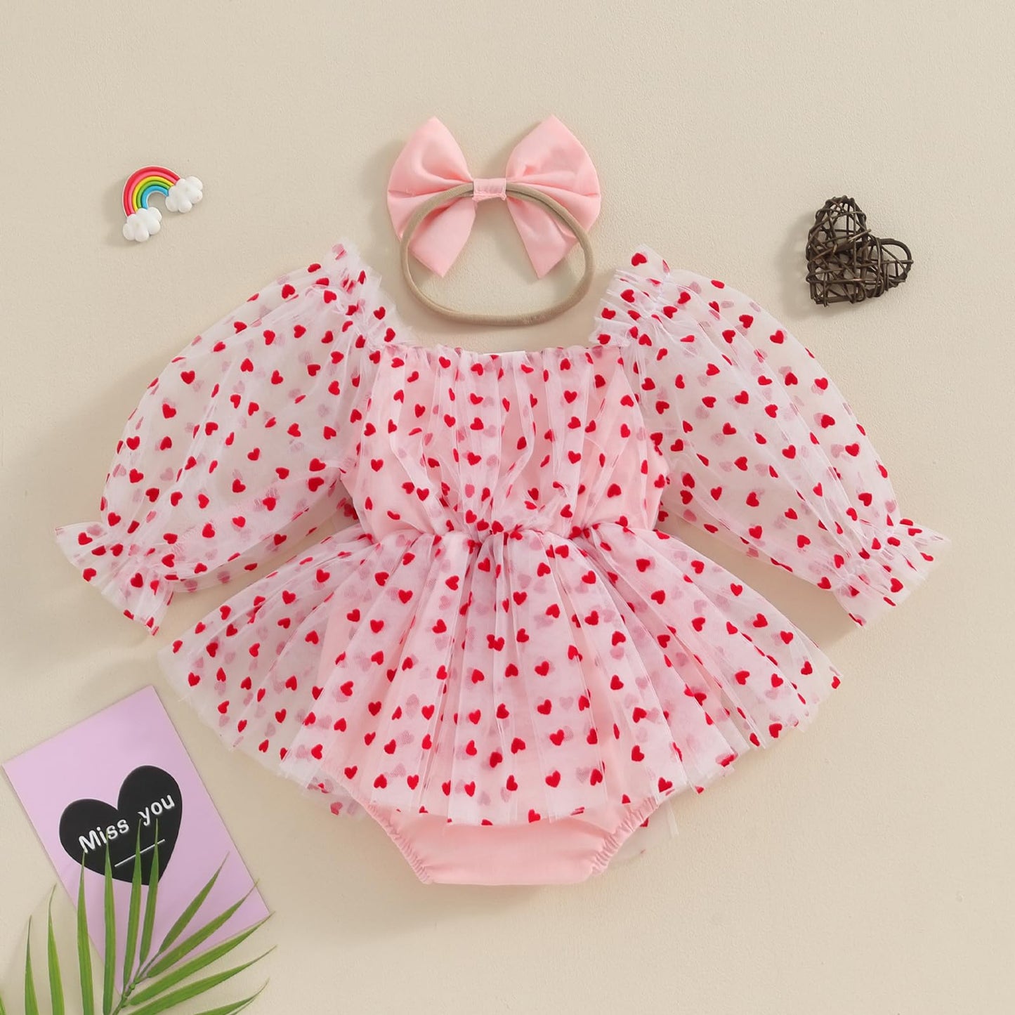 Amnnchya Baby Girl Valentines Day Outfit Heart Tulle Puff Sleeve Valentines Day Romper Dress Newborn Valentines Dresses (Pink, 0